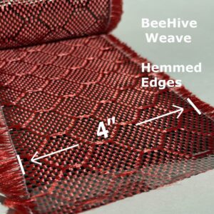 KARBXON - 4 in x 10 ft – Beehive Weave - Carbon Fiber Aramid Fabric - Red - 3K - 240g/meter - Beehive Weave 4” Wide Hemmed Fabric for Repair, DIY Projects (4, 10 ft)