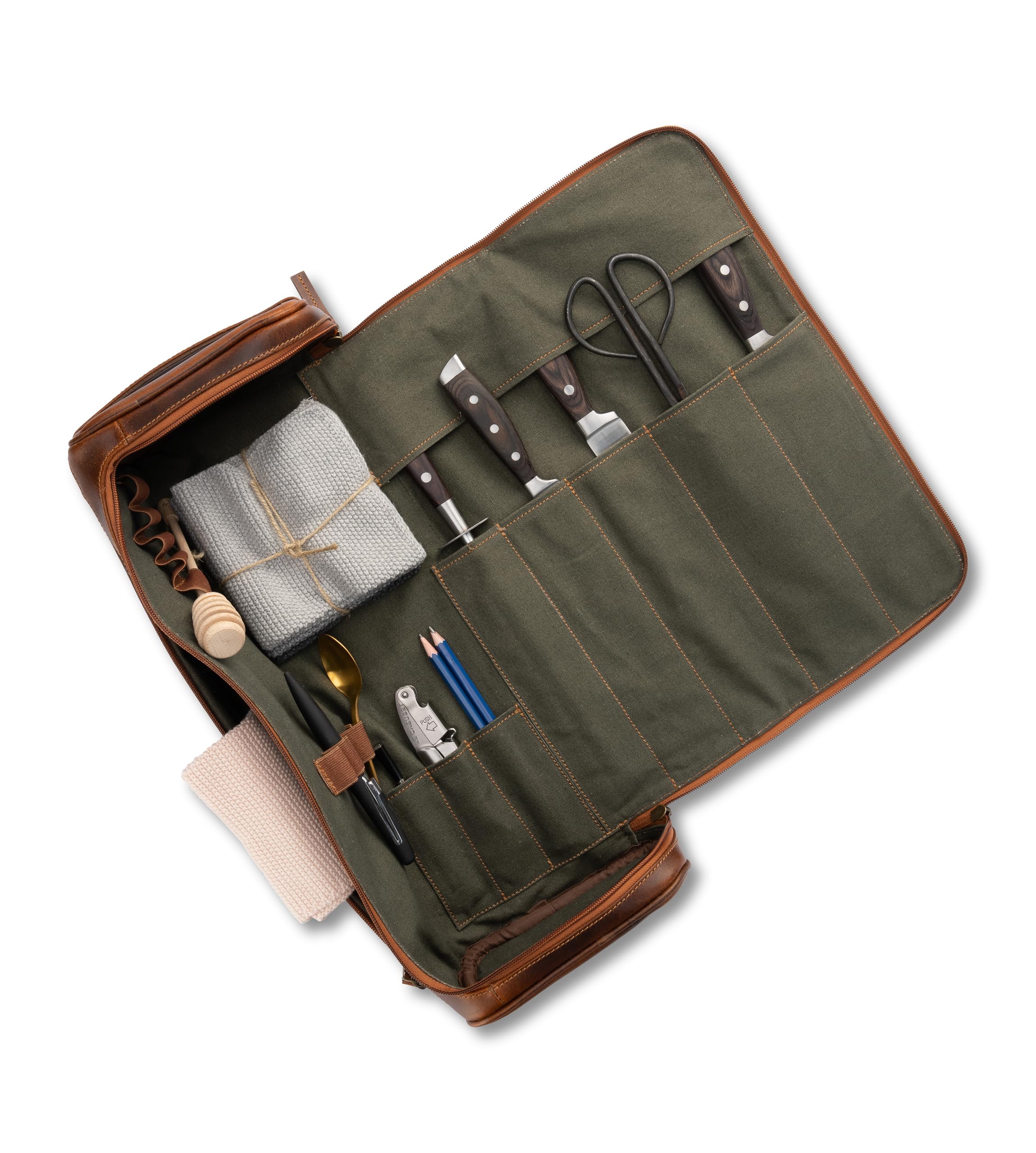 Angus Stoke premium leather knife bag-case, XXL chef's roll bag with huge storage space and extras - waxed vintage buffalo leather, Arvid (Walnut-Brown)