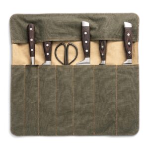 Knife Bag made of durable Canvas & genuine Leather - Chef's Knife Roll Case for Cooking & BBQ - Knives storage case Lars (Olive-Green)