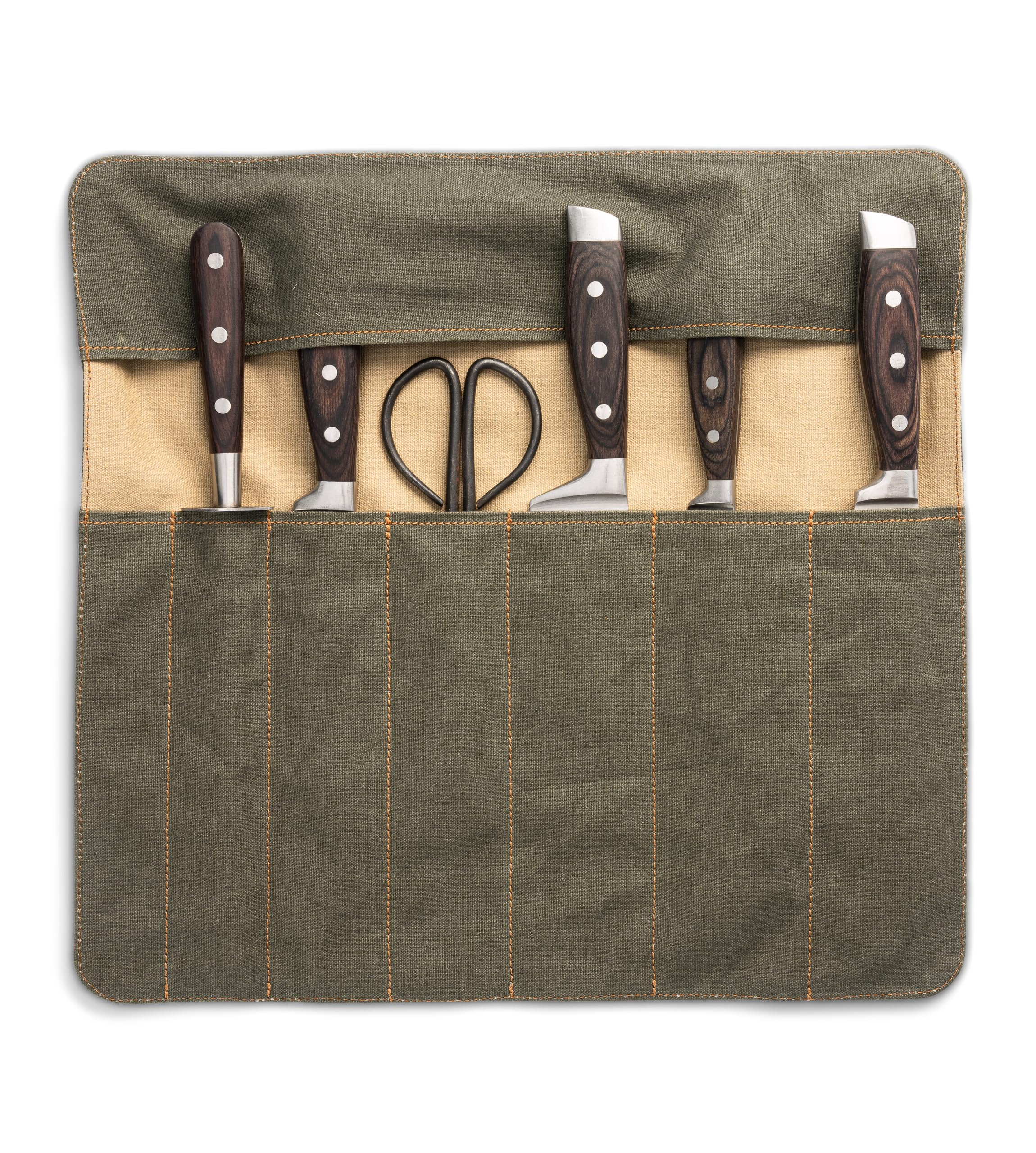 Knife Bag made of durable Canvas & genuine Leather - Chef's Knife Roll Case for Cooking & BBQ - Knives storage case Lars (Olive-Green)