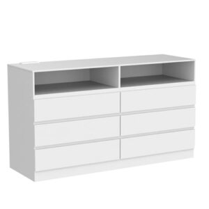 Gyfimoie 6 Drawer Double Dresser with Power Outlet, Accent Chests of Drawers with LED Light, Modern White Storage Dresser with Charging Station (Mirror Not Included)