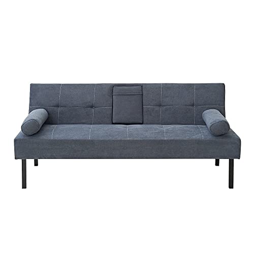 Panana Sofa Bed with Cup Holders,Convertible Sleeper Couch Bed Daybed, Upholstered Linen Fabric Folding Recliner, Futon Sofá, 3 Seaters for Living Room Furniture Sets,5 Positions Recliner in Gray