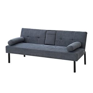 Panana Sofa Bed with Cup Holders,Convertible Sleeper Couch Bed Daybed, Upholstered Linen Fabric Folding Recliner, Futon Sofá, 3 Seaters for Living Room Furniture Sets,5 Positions Recliner in Gray