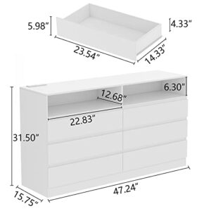 Gyfimoie 6 Drawer Double Dresser with Power Outlet, Accent Chests of Drawers with LED Light, Modern White Storage Dresser with Charging Station (Mirror Not Included)