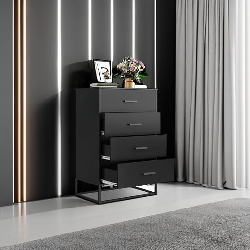 WLIVE Wood Dresser for Bedroom with 4 Drawers, Chest of Drawers, Tall Dresser Drawers with Sturdy Metal Frame for Hallway, Living Room, Closet, Black