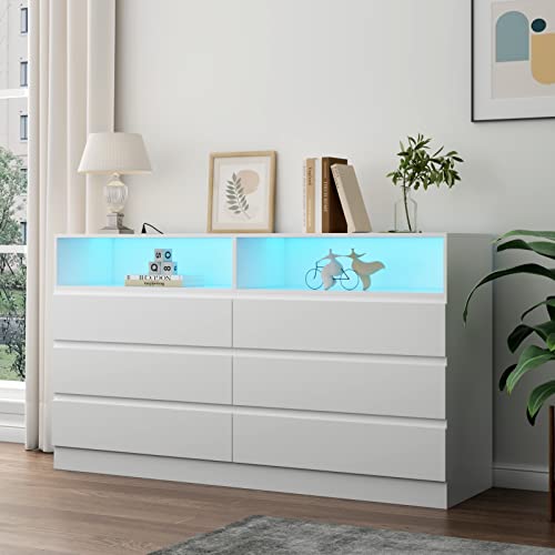 Gyfimoie 6 Drawer Double Dresser with Power Outlet, Accent Chests of Drawers with LED Light, Modern White Storage Dresser with Charging Station (Mirror Not Included)