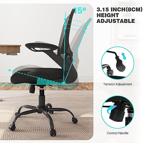 EUREKA ERGONOMIC Mesh Office Chair, Ergonomic Desk Chair with Adjustable Lumbar Support, Chair for Desk - Flip-Up Armrests, Breathable Computer Desk Chair with Wheels, Work Chair - BIFMA Passed(Black)