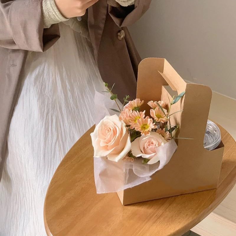 Enorteen 25 Pcs Kraft Paper Flower Gift Bags Handle Bouquet Bags Coffee Drink Carrier Bags Floral Gift Bags for Thanksgiving Birthday Wedding Party Favors