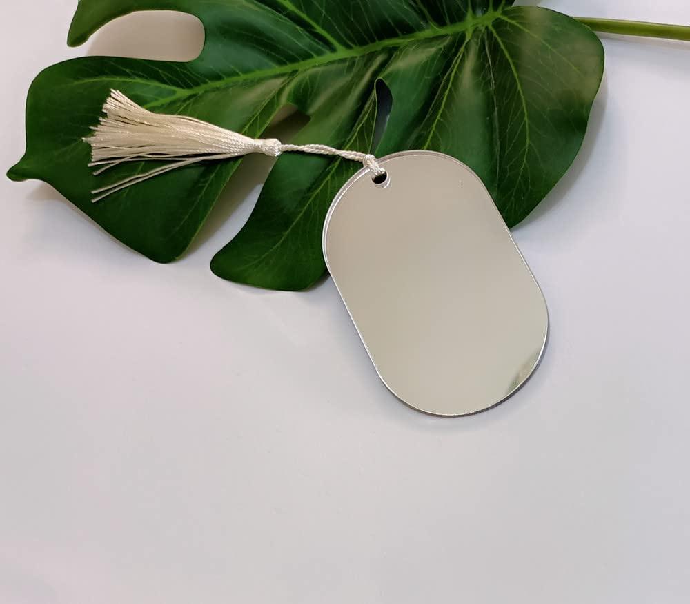 Yuxuanish Set of 12 Acrylic Luggage Tag,Mirrored Acrylic Place Cards Blanks with Tassels,DIY Oval Wedding Guest Name Cards,Acrylic Name Place Card (Silver Mirror)