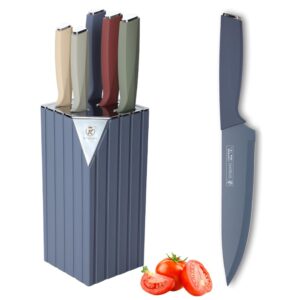 knife set, 6 pcs color-coded kitchen knife set with block, 5 color anti-rust coating stainless steel chef knife set, super sharp kitchen knives with stand, cooking knives for kitchen with gift box