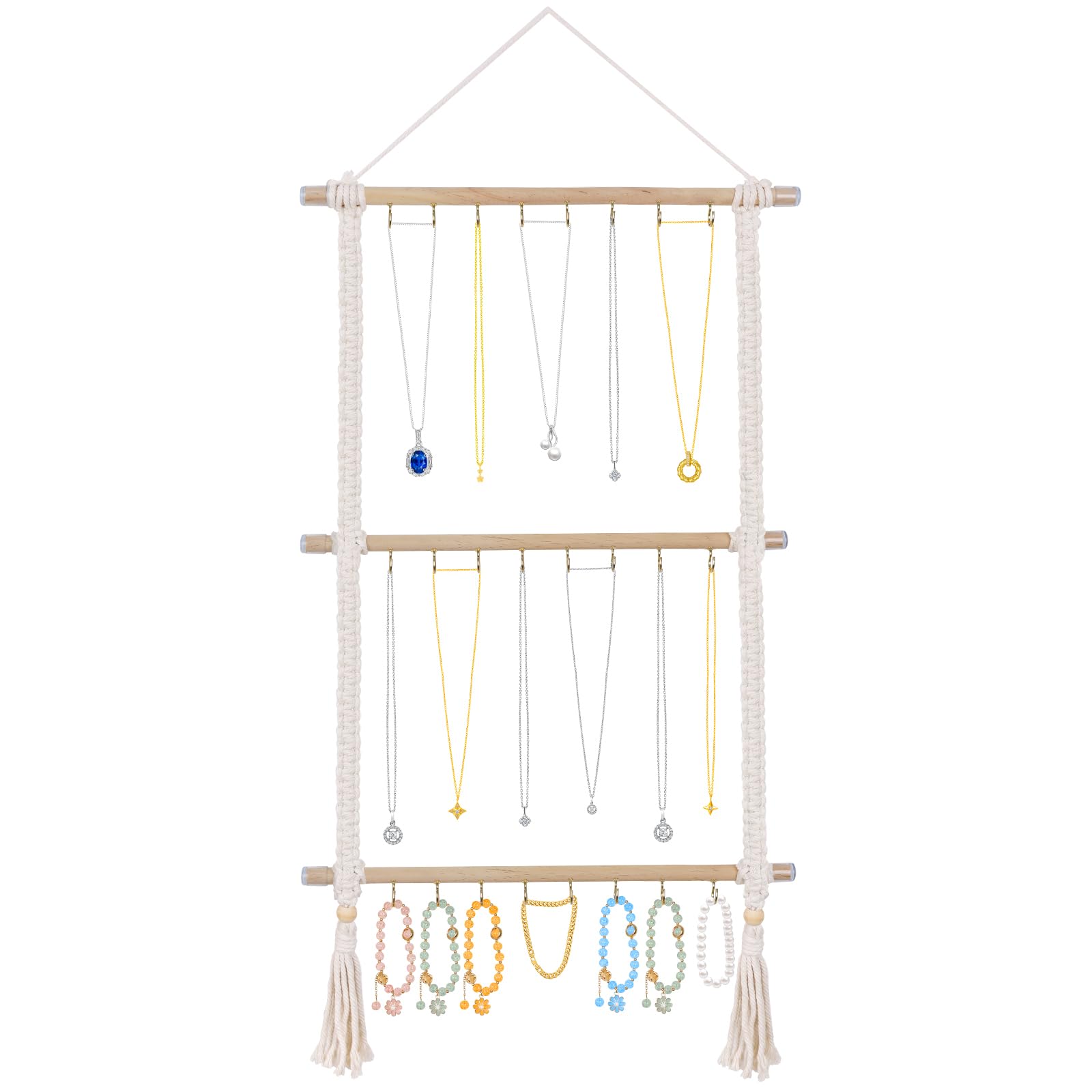 Hutuzldz Hanging Jewelry Organizer, Macrame Necklace Holder with 30 Hooks, Wall Mounted Necklace Rack with Tassel for Girls Bracelet Earrings Headband Bow Display (Macrame)