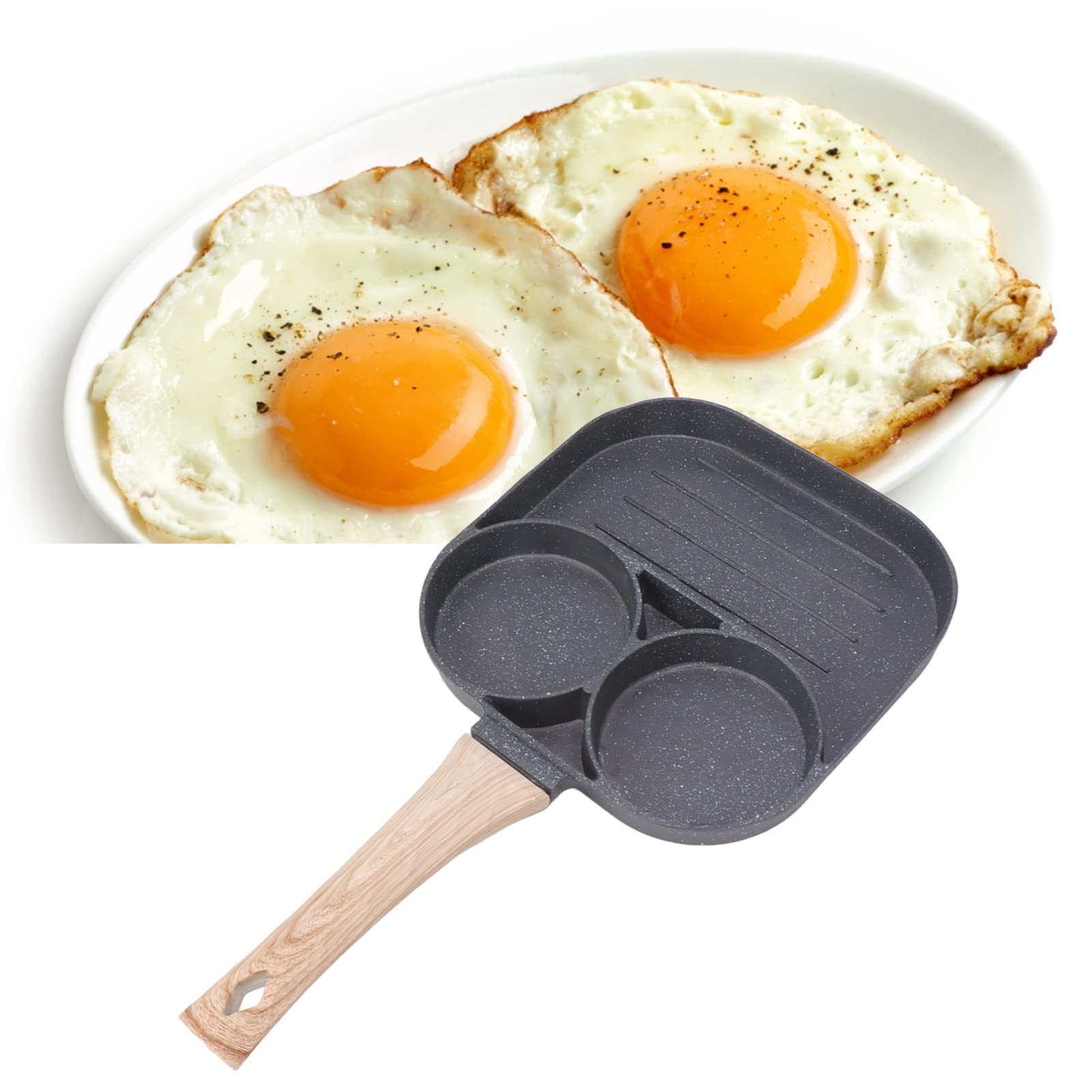 Breakfast Cooking Pan Egg Frying 2 Round Cup 3 Section Stick Proof With Wooden Handle For Induction Gas Stove Home