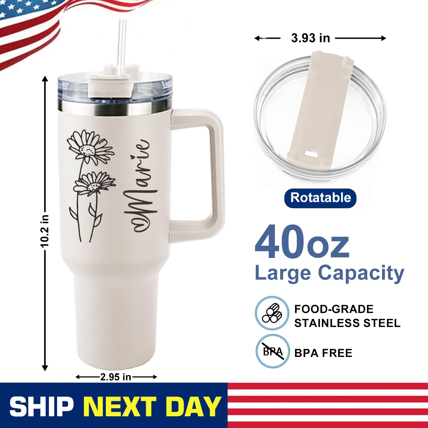 ThermoThrill Ships Next Day, Personalized 40 Oz Tumbler with Handle and Straw, Custom Tumbler with Text Photo Stainless Steel Travel Mug Customized Birthday Gifts for Women Men