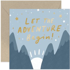 old english co. let the adventure begin good luck card for him her - well done new job, graduation, leaving, retirement, moving card - gold foil mountain design | blank inside with envelope