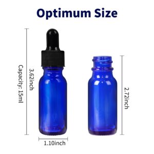 HWASHIN 48 Pack 1/2 oz (15ml) Cobalt Blue Glass Bottles with Glass Eye Droppers for Essential Oils, Perfumes & Lab Chemicals (Brush, Funnels, 2 Extra Droppers, Labels & Measuring Cup Included)