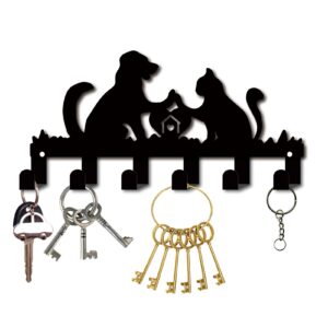 creatcabin metal key holder black key hooks organizer hanger rack wall mounted decorative with 6 hooks dog and cat pattern for front door entryway hallway bag clothes key scarf hanging 10.6x5.3inch