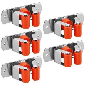 phezen 5pcs mop and broom holder wall mount, broom and mop grippers wall hook, stainless steel mop hanger, no drilling household cleaning tools organizer for garage garden kitchen bathroom - orange