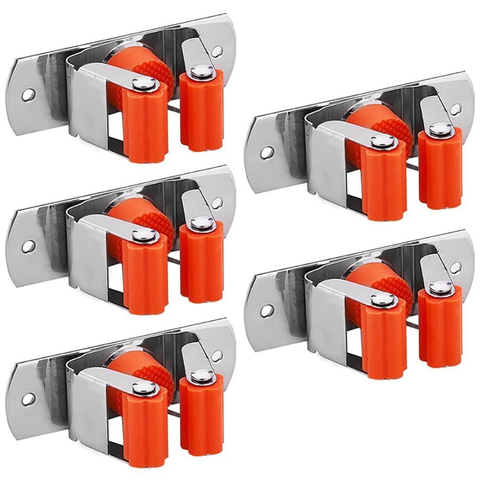 PHEZEN 5PCS Mop and Broom Holder Wall Mount, Broom and Mop Grippers Wall Hook, Stainless Steel Mop Hanger, No Drilling Household Cleaning Tools Organizer for Garage Garden Kitchen Bathroom - Orange