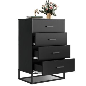 wlive wood dresser for bedroom with 4 drawers, chest of drawers, tall dresser drawers with sturdy metal frame for hallway, living room, closet, black