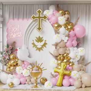 first communion pink balloon garland arch kit, girl baptism christening party decorations, pink gold white balloons with cross and dove balloon for happy birthday god bless theme supplies