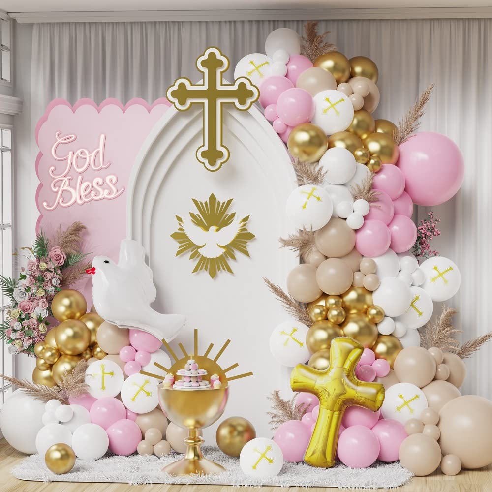 First Communion Pink Balloon Garland Arch Kit, Girl Baptism Christening Party Decorations, Pink Gold White Balloons with Cross and Dove Balloon for Happy Birthday God Bless Theme Supplies