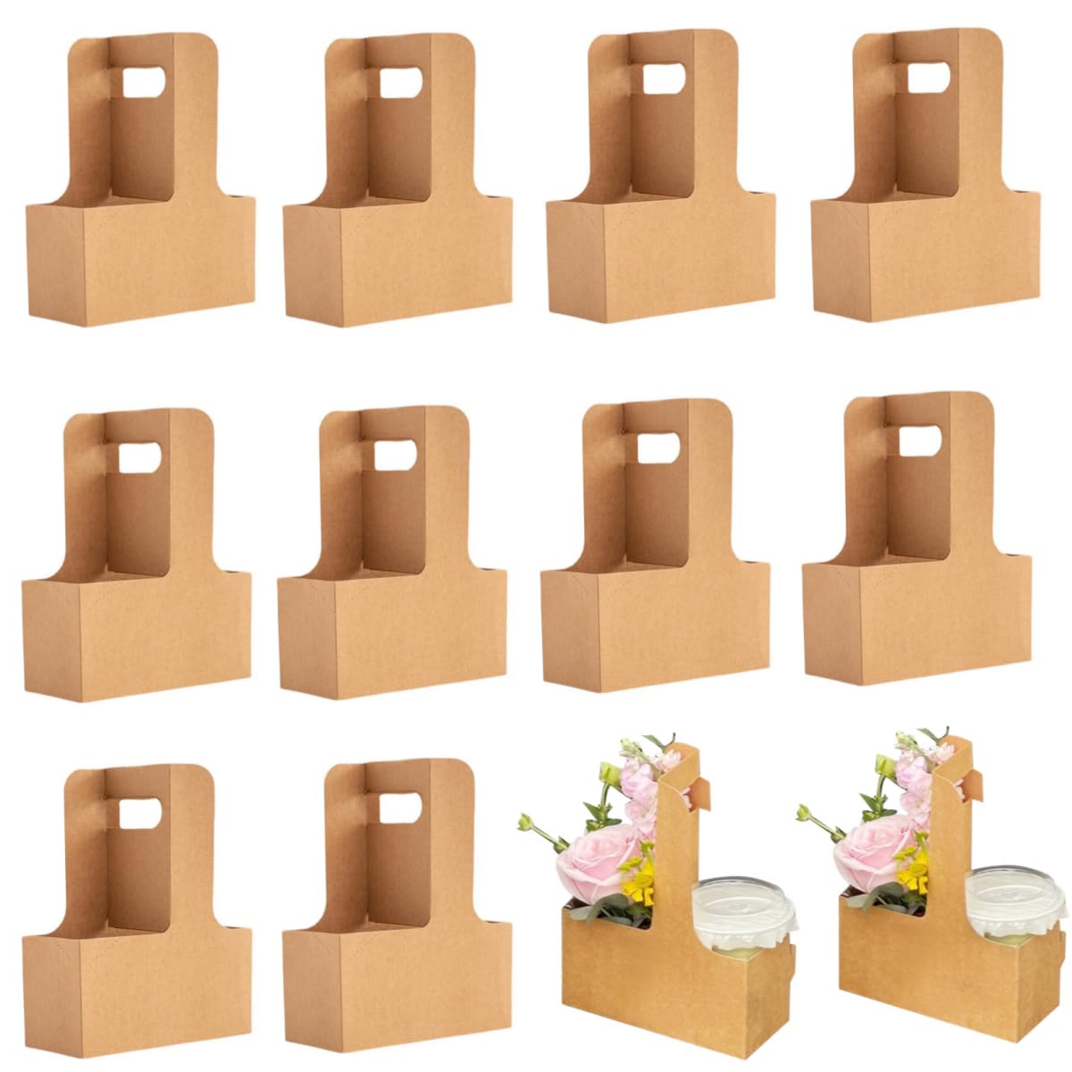 Enorteen 25 Pcs Kraft Paper Flower Gift Bags Handle Bouquet Bags Coffee Drink Carrier Bags Floral Gift Bags for Thanksgiving Birthday Wedding Party Favors