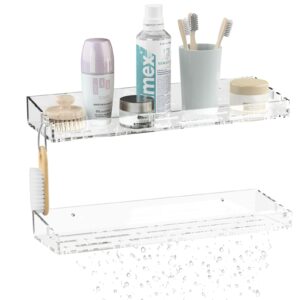 nihome clear acrylic shower shelves 2-pack, stick on shower shelf with hooks & mounting accessories, clear shower caddy, self adhesive shower shelves for bathroom, kitchen, bedroom - superior drainage