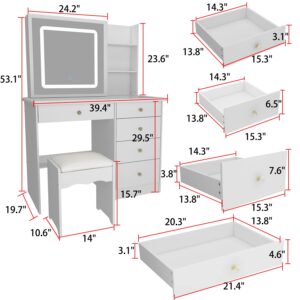 Homsee Vanity Desk Set Makeup Table with Large Sliding Lighted Mirror & Glass Top, Modern Dressing Table with Drawers, Storage Shelves & Stool for Bedroom, White