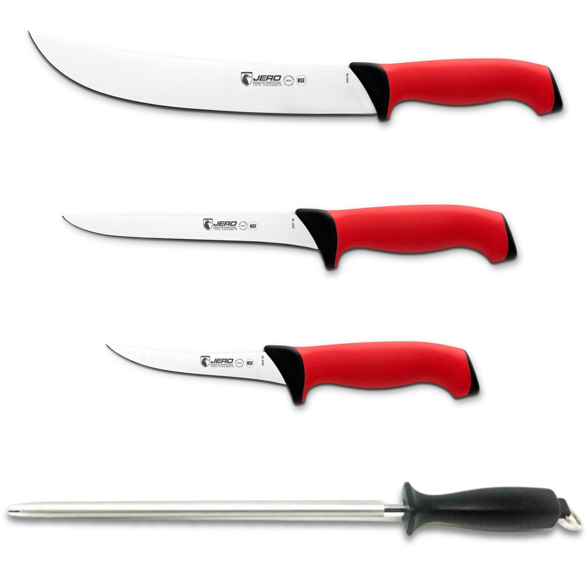 Jero 4 Piece Knife Combo Set - Cimeter, Boning Knife, Fillet Knife And Diamond Sharpener - Butcher And Chef Set - Meat Processing Set