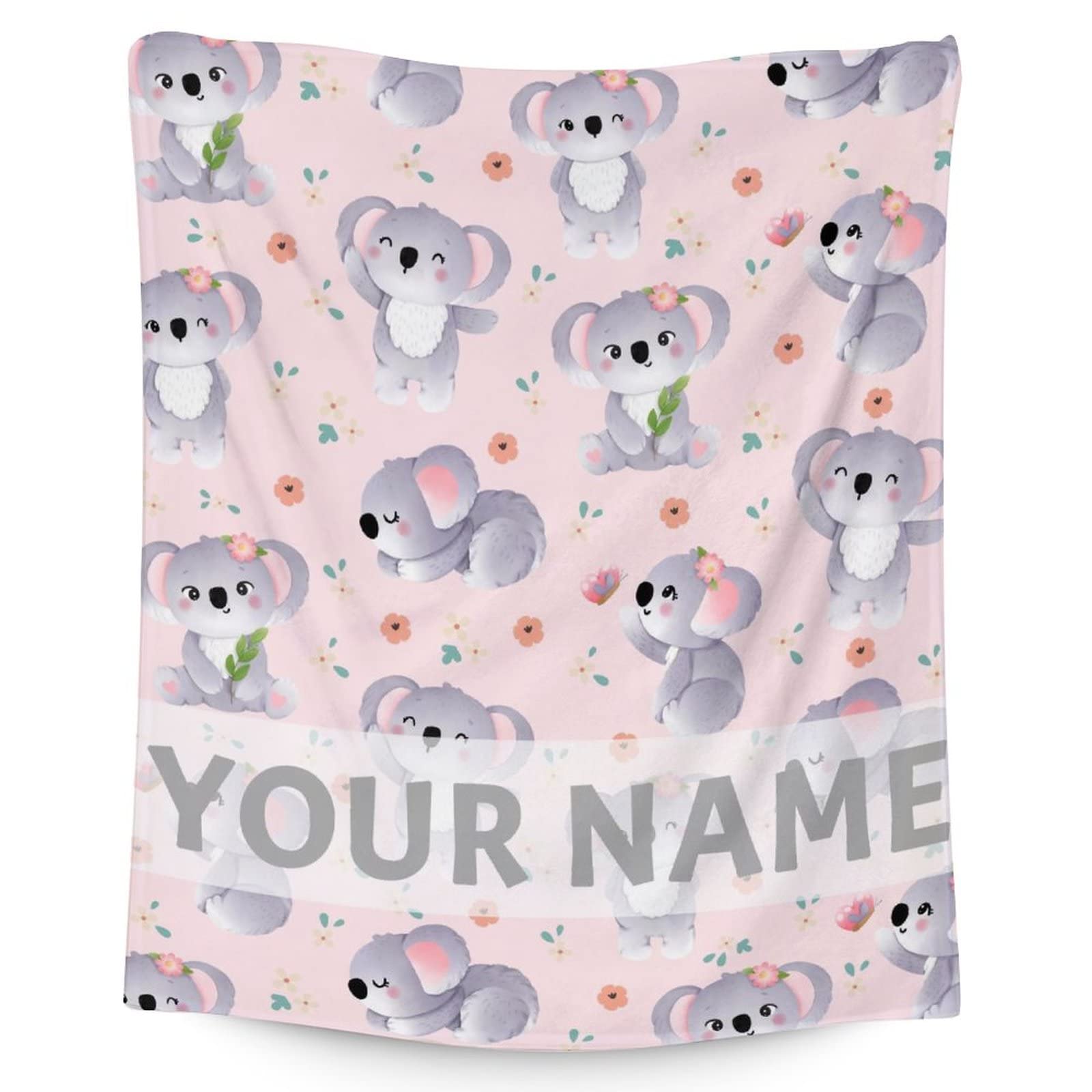 Custom Koala Blanket Gifts with Name - 40x50 Inches Cute Throw Blanket for Women & Girls - Pink Soft Fuzzy Plush Blankets for Couch, Sofa