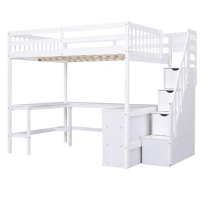 Harper & Bright Designs Full Loft Bed with Desk and Storage Shelves, Wood Full Size Loft Bed with Storage Staircase, High Loft Bed Full with Slat Support for Kids, Boys,Girls,Teens, Adults, White