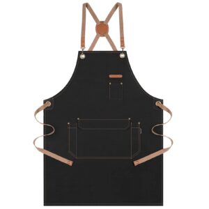 genixart chef apron for men women with gift box pack, cross back apron with pockets for kitchen cooking baking artist painting, cotton canvas work aprons for shop, garden, restaurant, cafe (black)