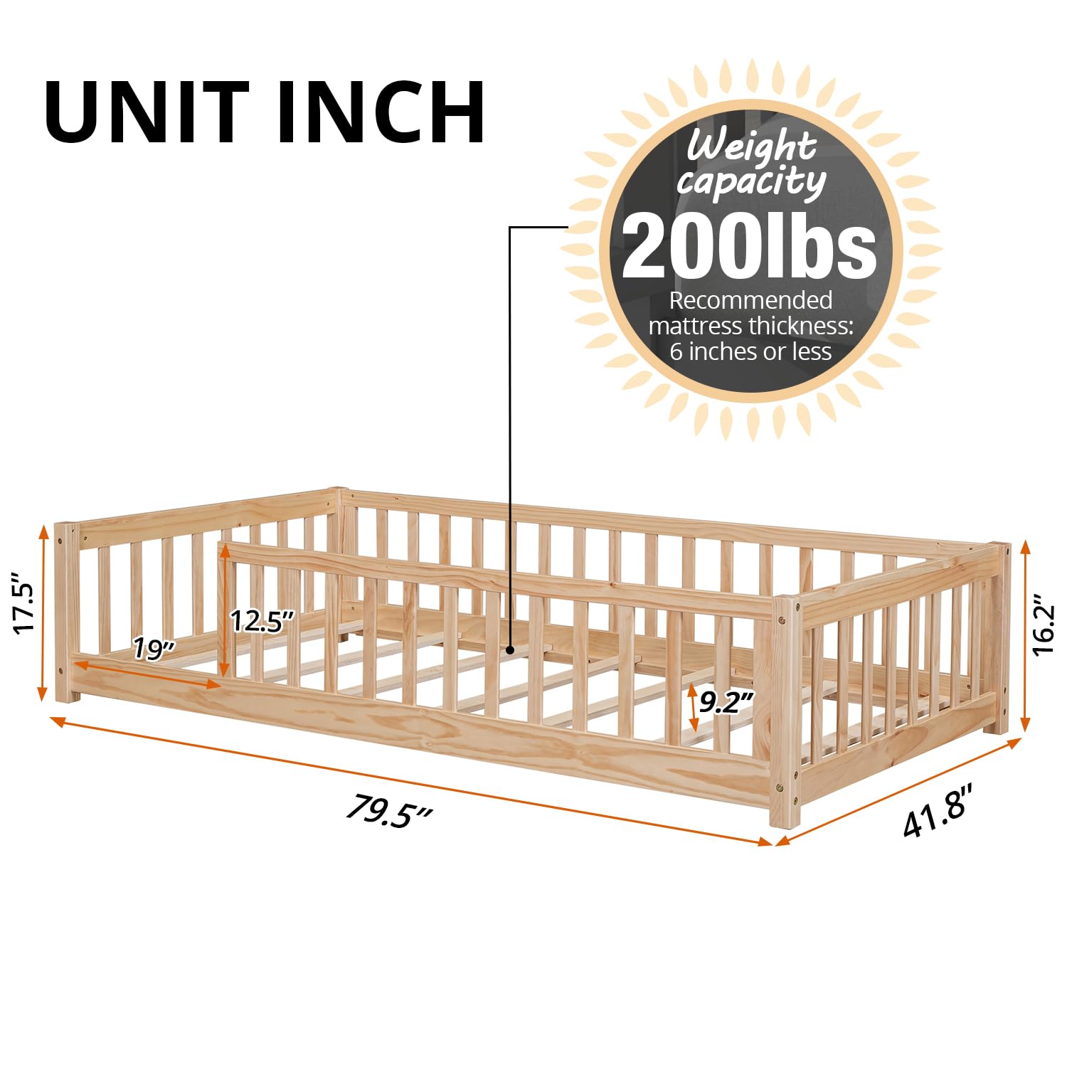 LLS Twin Floor Bed for Children, Durable Montessori Floor Bed with Sturdy Slats and Safety Fence, Solid Wood Floor Bed Frame for Girls Boys and Teens, Natural (Without Door)