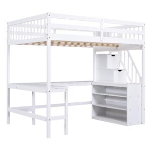 Harper & Bright Designs Full Loft Bed with Desk and Storage Shelves, Wood Full Size Loft Bed with Storage Staircase, High Loft Bed Full with Slat Support for Kids, Boys,Girls,Teens, Adults, White