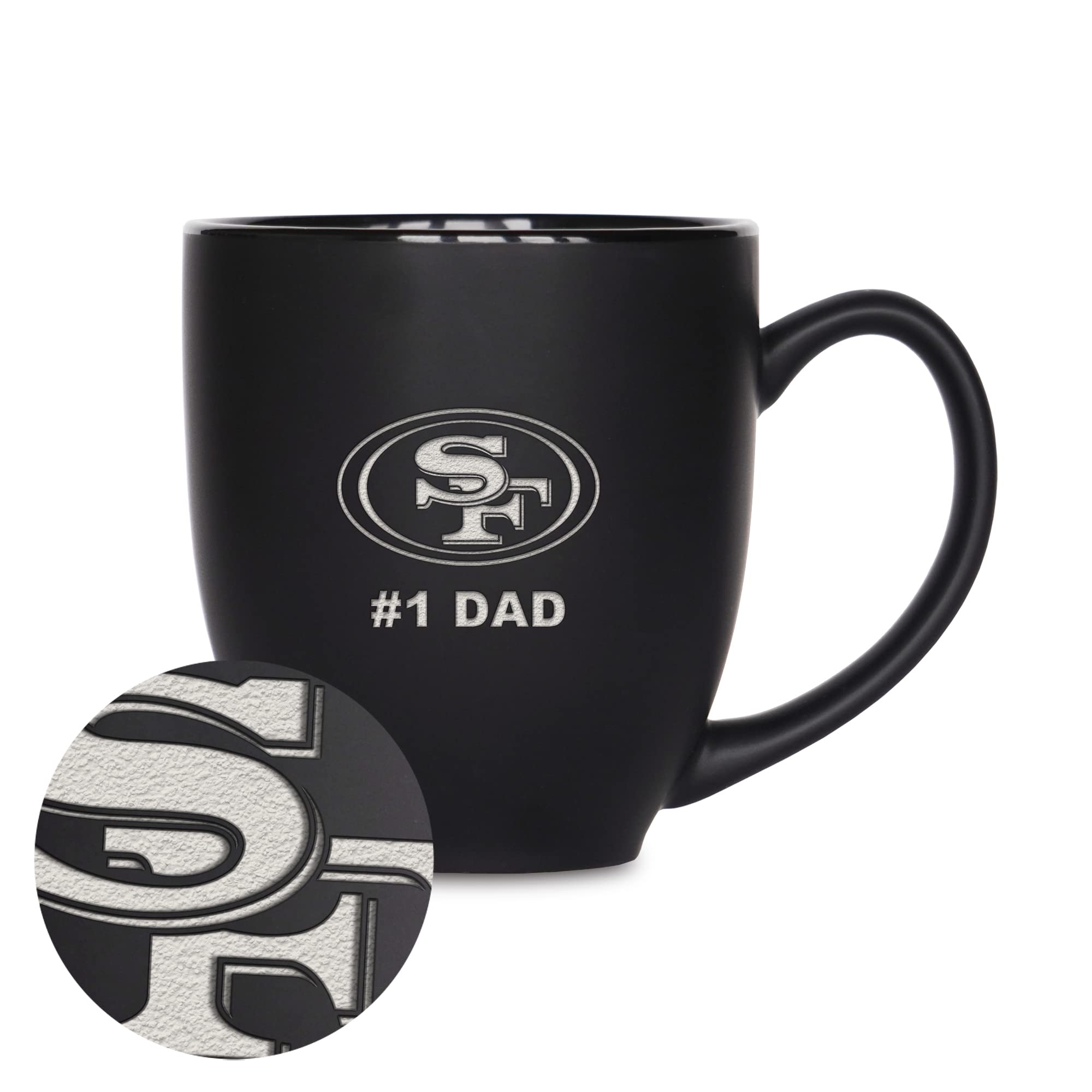 Rico Industries NFL Football San Francisco 49ers #1 Dad 15oz Laser Engraved Matte Black Ceramic Bistro Mug - for Hot or Cold Drinks