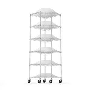 6 tier nsf metal corner shelf wire shelving unit, 2100lbs capacity heavy duty adjustable pentagonal storage rack with wheels & shelf liners for kitchen garage room corner, 82"h x 27"l x 27"d - chrome