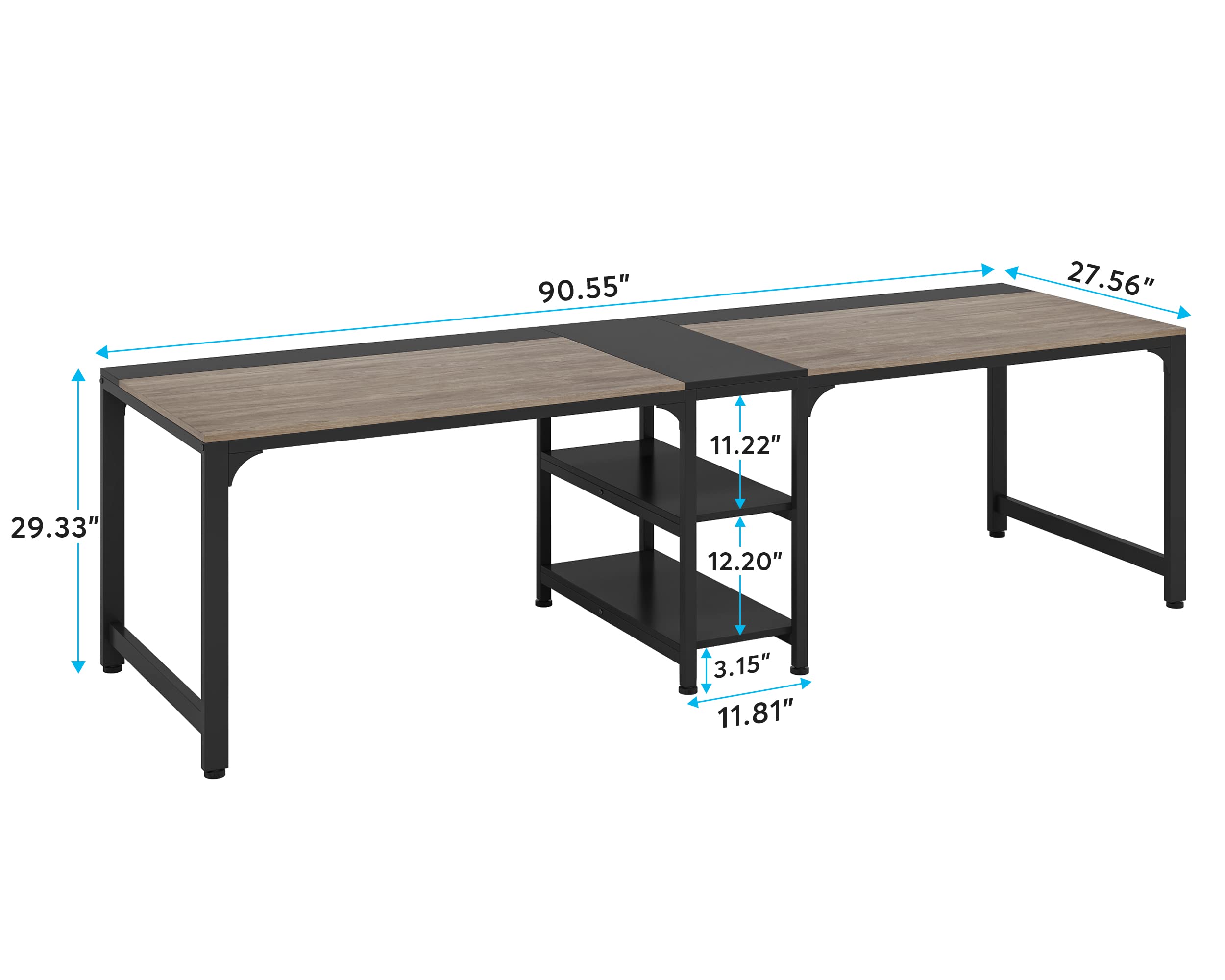 Tribesigns 90.55'' 2 Person Desk with Storage Shelves, Double Computer Desk with Spacious Desktop, Extra Long Study Writing Table Workstation for Home Office (Black & Gray)