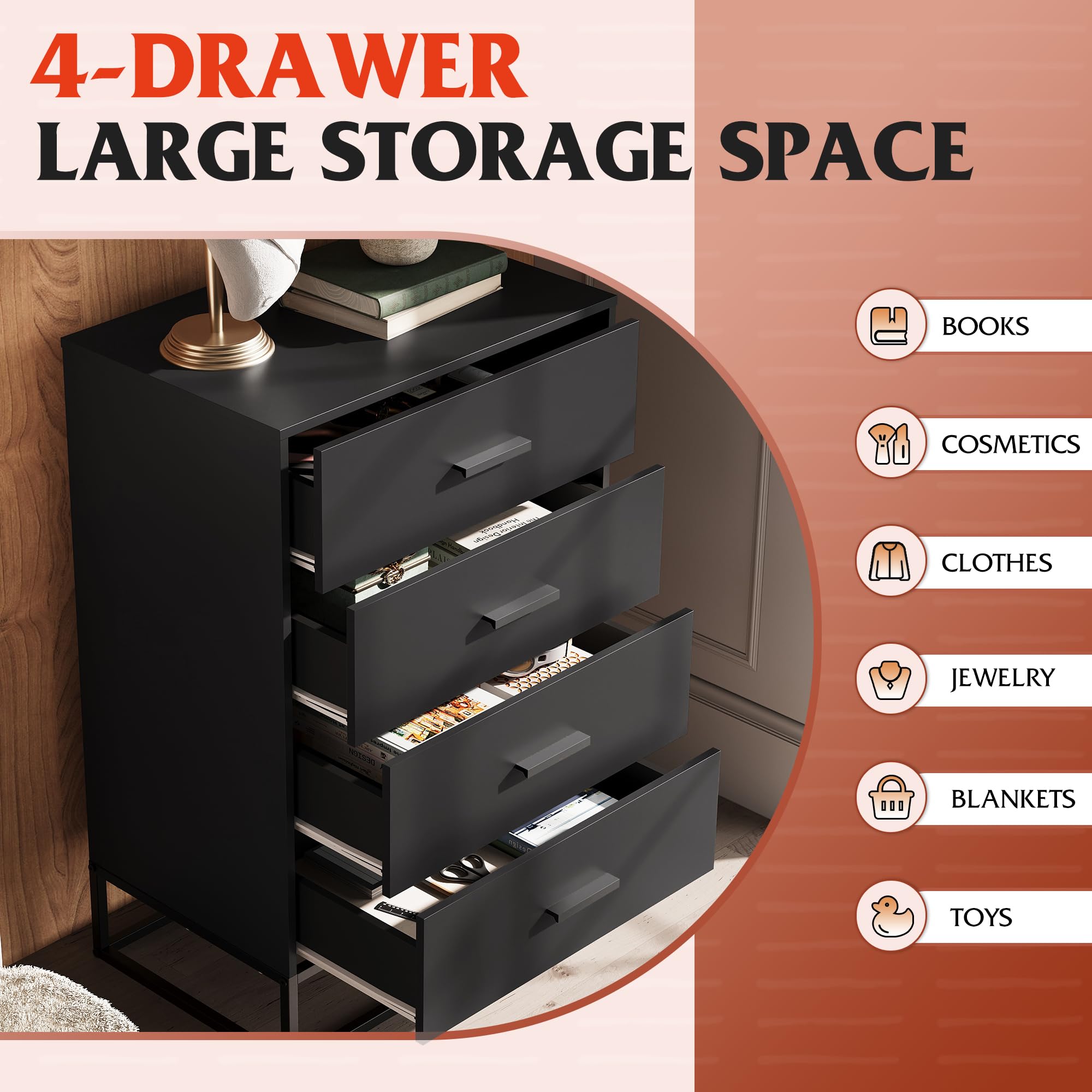 WLIVE Wood Dresser for Bedroom with 4 Drawers, Chest of Drawers, Tall Dresser Drawers with Sturdy Metal Frame for Hallway, Living Room, Closet, Black