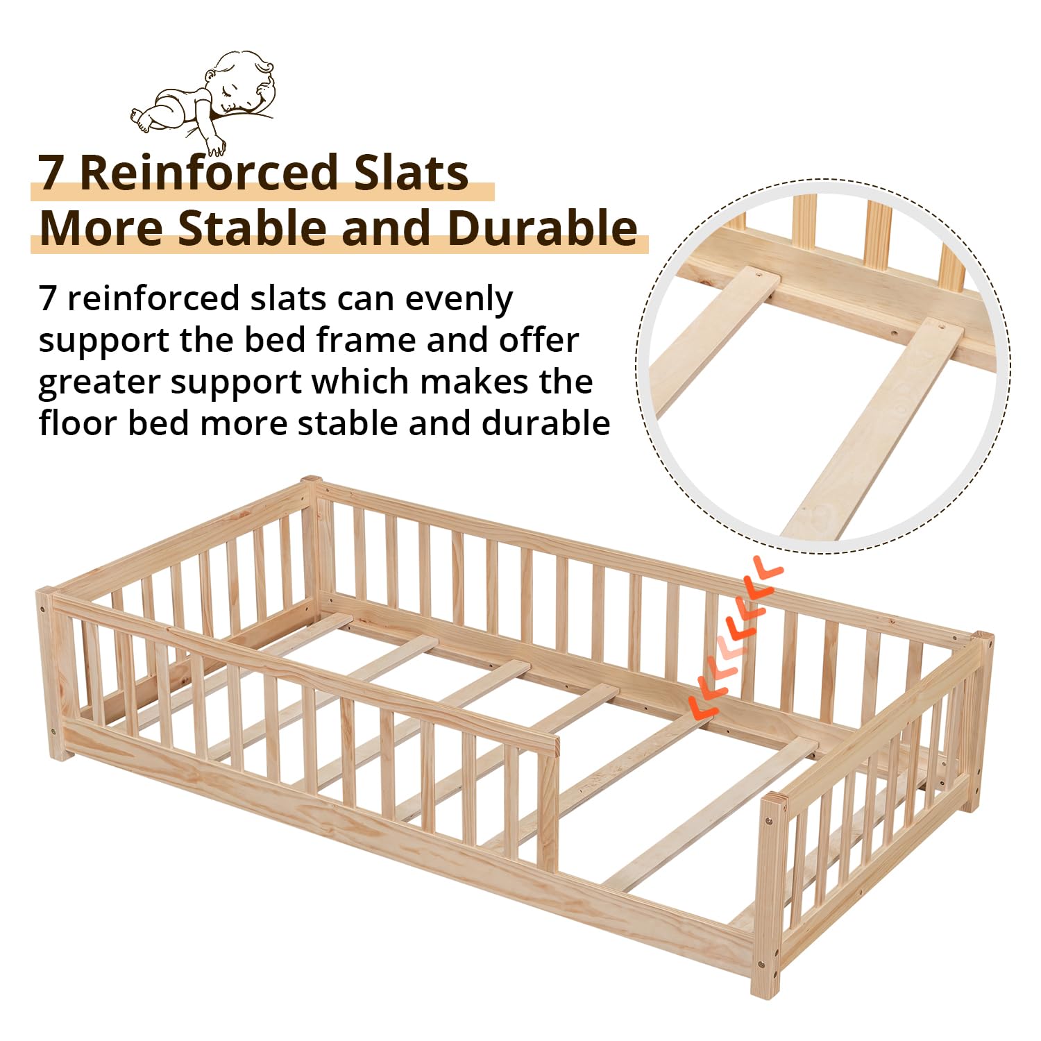 LLS Twin Floor Bed for Children, Durable Montessori Floor Bed with Sturdy Slats and Safety Fence, Solid Wood Floor Bed Frame for Girls Boys and Teens, Natural (Without Door)