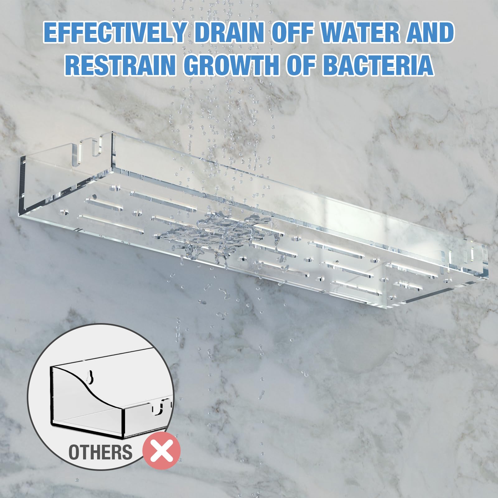 NiHome Clear Acrylic Shower Shelves 2-Pack, Stick On Shower Shelf with Hooks & Mounting Accessories, Clear Shower Caddy, Self Adhesive Shower Shelves for Bathroom, Kitchen, Bedroom - Superior Drainage