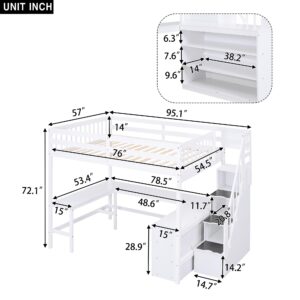 Harper & Bright Designs Full Loft Bed with Desk and Storage Shelves, Wood Full Size Loft Bed with Storage Staircase, High Loft Bed Full with Slat Support for Kids, Boys,Girls,Teens, Adults, White