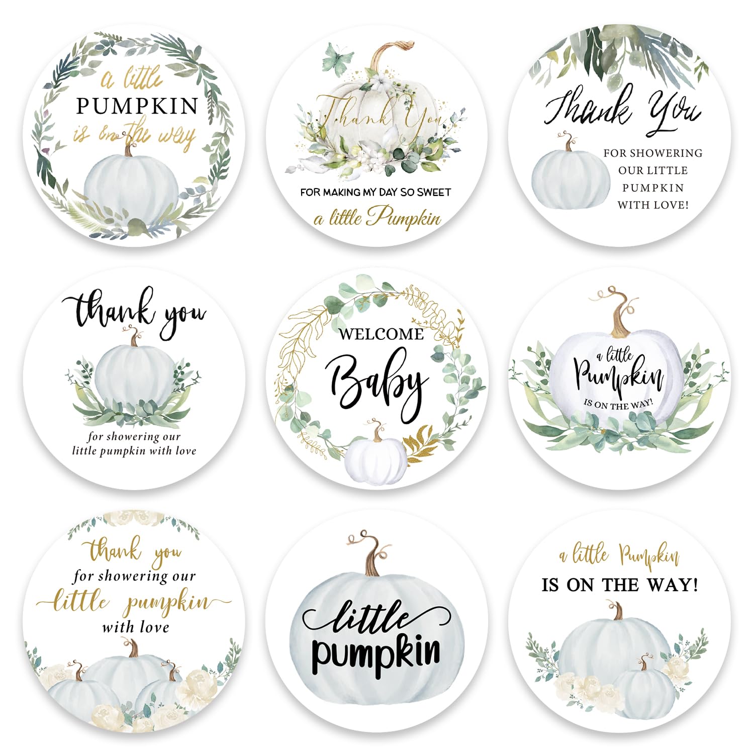 Quera 90 Little Pumpkin Baby Shower Thank You Stickers, Fall Baby Shower Party Favor Stickers,Fall Themed Baby Shower Favor Stickers 2inch（Green）