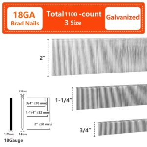 SITLDY 18 Gauge Galvanized Brad Nails 1100-Pack (3/4"-400, 1-1/4"-400, 2"-300 Pcs), Assorted Size Project Pack, for Pneumatic, Electric Brad Nailers