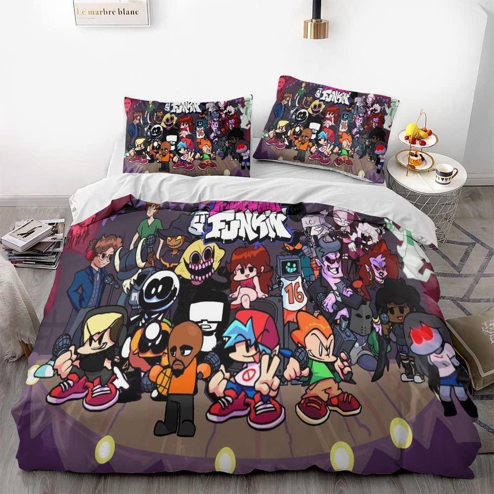 NICHIYOBI Friday Funkin Game FNF Duvet Cover Set 3D Bedding Comforter Cover 3 Pcs (1 Duvet Cover+2 Pillowcases) Bedding Set (01,Full-80x90in+20x30in*2)