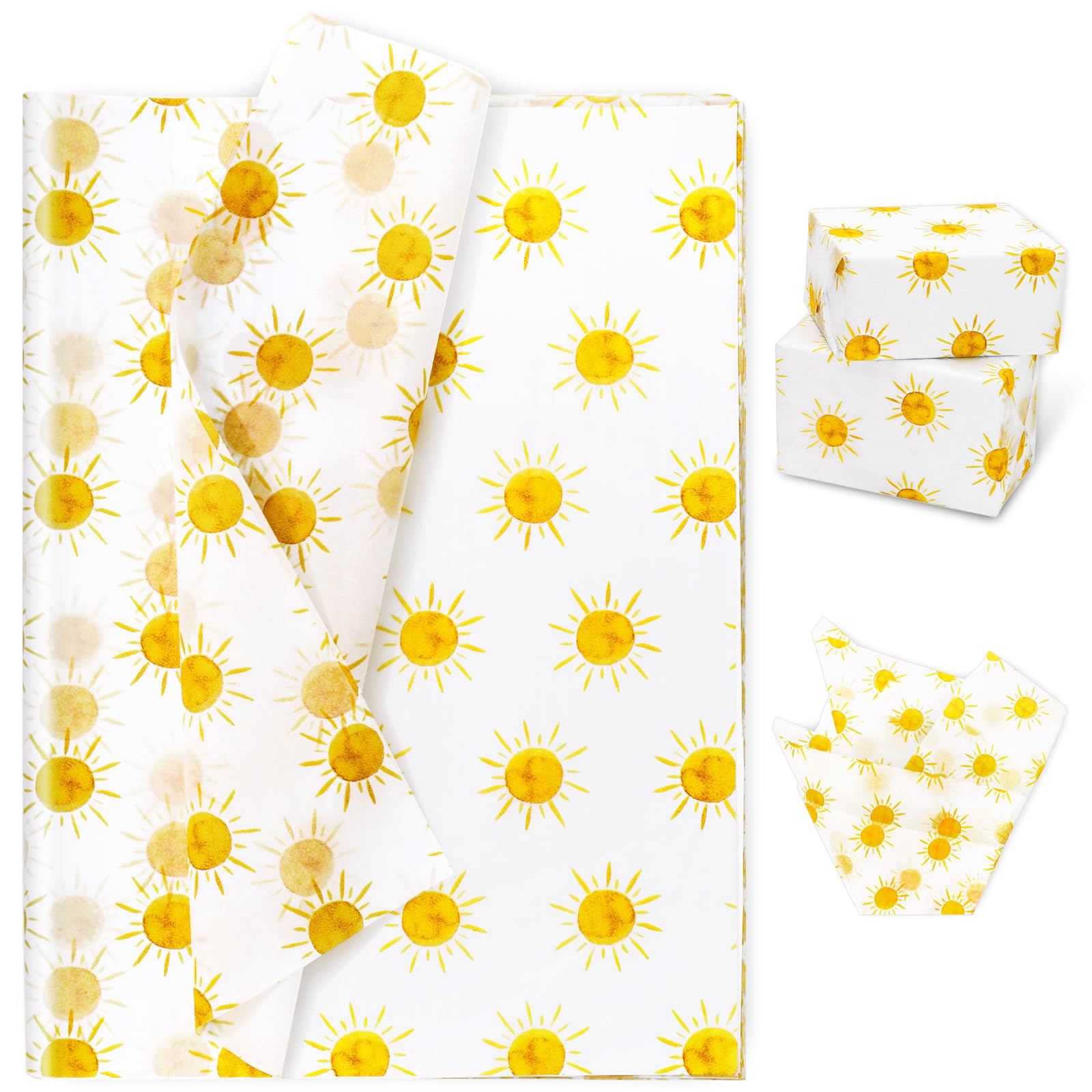 Whaline 100 Sheet Boho Sunshine Tissue Paper Yellow Sun Gift Wrapping Paper First Trip Around The Sun Theme DIY Craft Art Paper for Summer Holiday Party Birthday Decor Supplies, 13.8 x 19.7 Inch