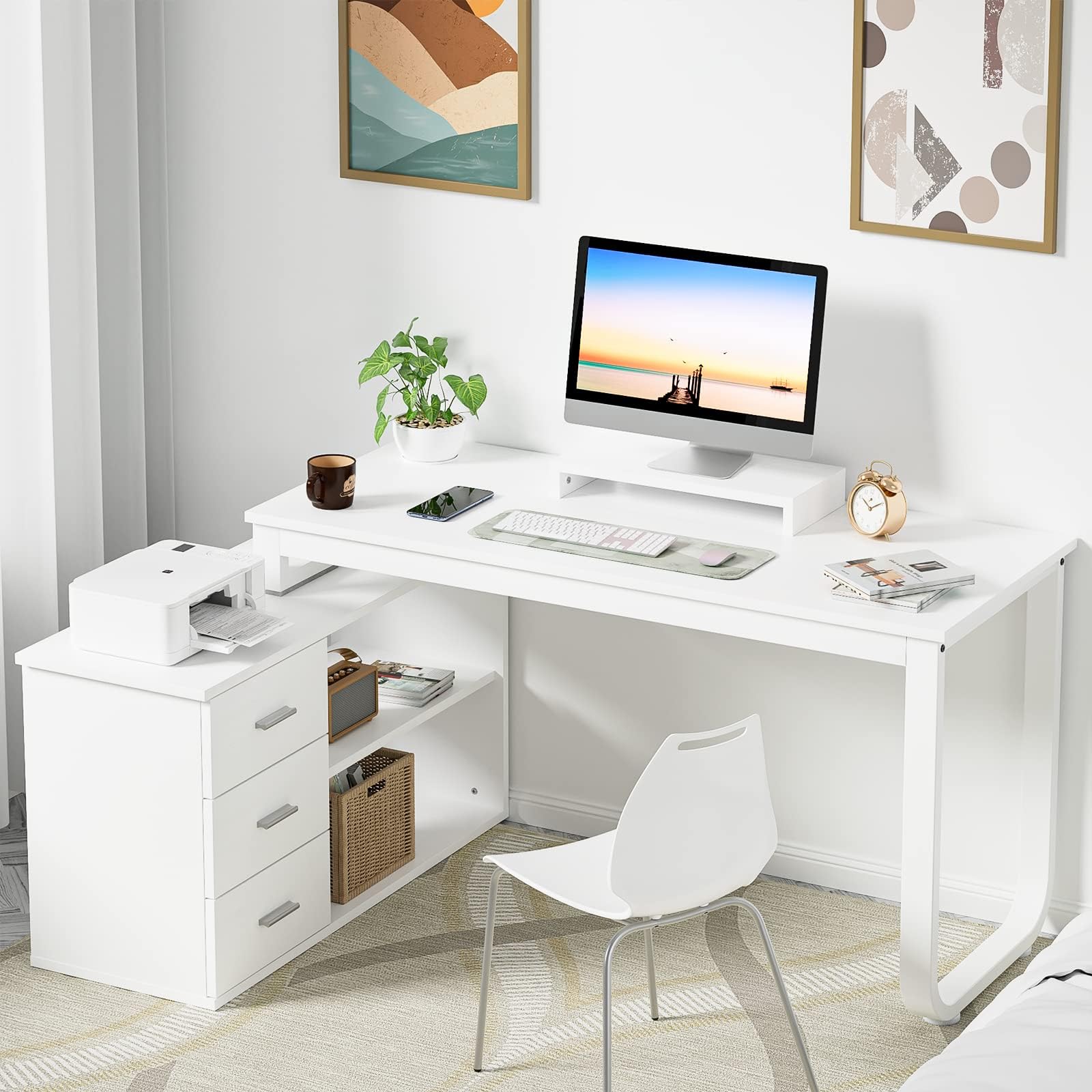 HOMBCK L Shaped Desk with Storage, White Desk Reversible L Shaped Desk with 3 Drawers and File Cabinet, Corner Desk with Hutch and Shelves, Long Computer Desk for Home Office, White