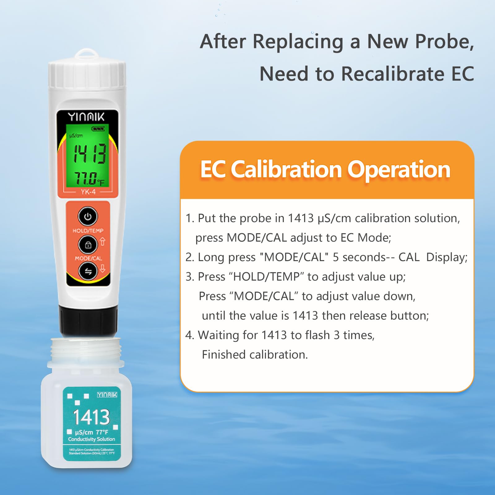 Replacement pH Probe for YINMIK YK-4 pH Meter, pH Electrode with EC Calibration Solution and pH Storage Solution