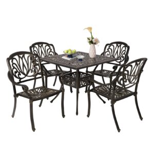 sumshadow 5-piece cast aluminum outdoor patio dining set, all weather cast aluminum outdoor furniture dining set for patio, balcony, lawn, garden, backyard w/4 chairs and cushions, 2.0" umbrella hole