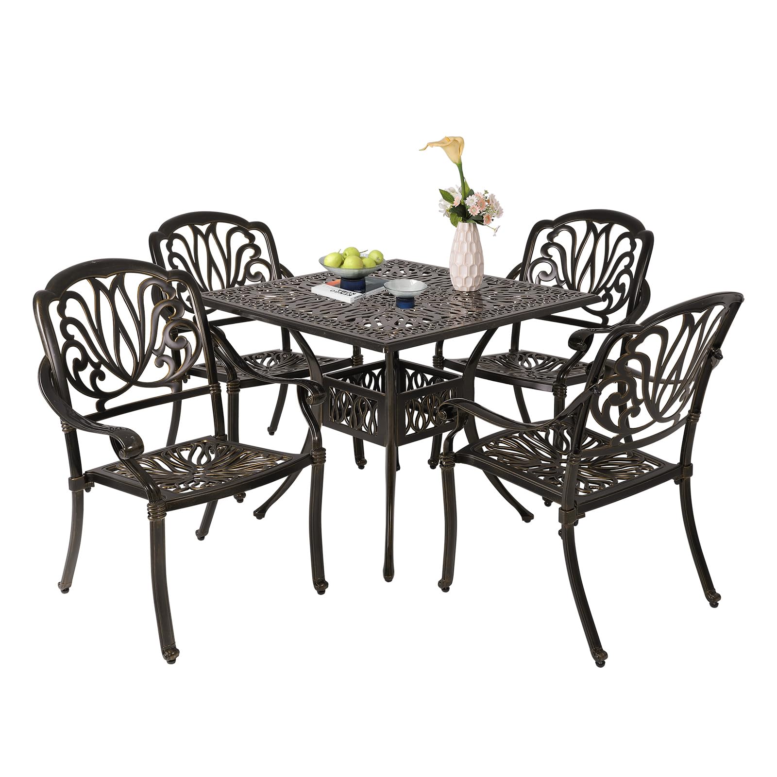 Sumshadow 5-Piece Cast Aluminum Outdoor Patio Dining Set, All Weather Cast Aluminum Outdoor Furniture Dining Set for Patio, Balcony, Lawn, Garden, Backyard w/4 Chairs and Cushions, 2.0" Umbrella Hole