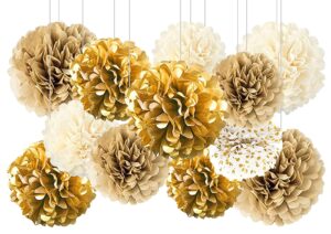 gold white party decorations,12pcs hanging tissue paper pom poms,pompoms flowers for engagement,wedding,birthday,bachelorette,bridal shower party deco